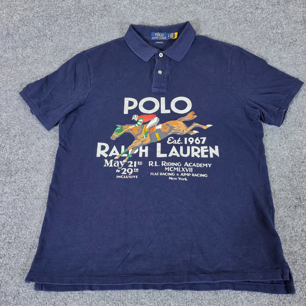 Polo Ralph Lauren Mens Large Navy Blue Riding Academy Graphic Polo Shirt Classic